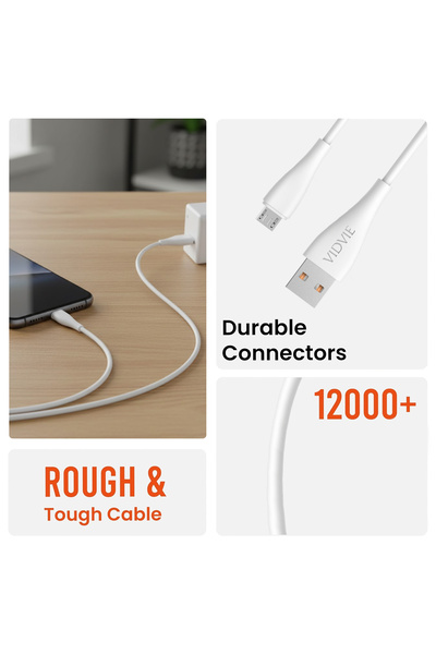 Vidvie CB427B Micro USB Charging Cable 1M Length 2.4A Output Durable TPE Design White Cable DevicesX