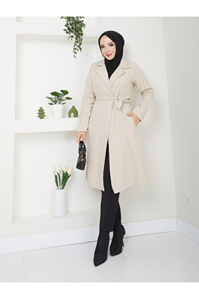 ışık tesettur Standard Sleeve with Pocket Detail Without Lining, 110 cm Length, Cashmere Coat