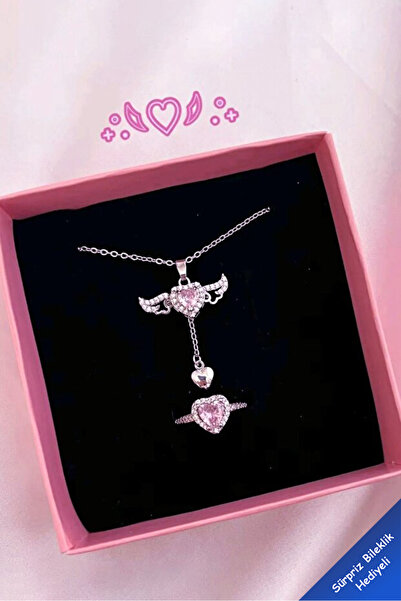 Si moda Hareketli Melek Kanatlı Kalp Taşlı Kadın Kolye Yüzük Seti