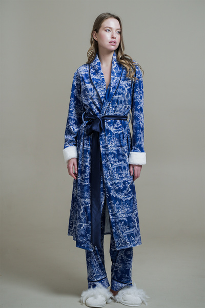 Mita Concept Dark Blue Plush Detail Shawl Collar Kimono-Trunks Set