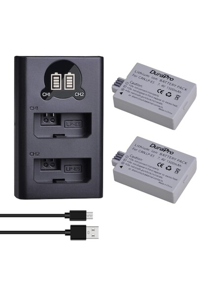 Durapro 2x Baterii LP-E5 1500mAh cu încărcător dual (Micro USB și USB-C) pentru Canon EOS Rebel/1000D/500D/450D
