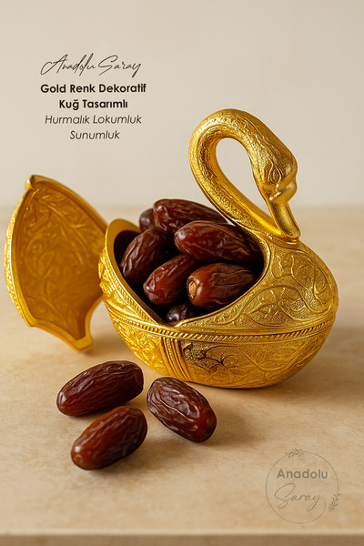 Anadolu Saray Altın Gold Renk Dekoratif Kuğ Tasarımlı Hurmalık Lokumluk Sunumluk – Kapaklı Şık Sunum Kabı