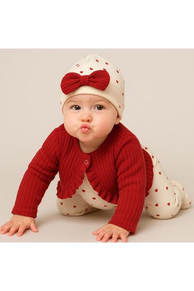 Chicsy Baby Baby Girl Heart Cream Jumpsuit Red Ruffled Cardigan and Bow Beanie 3-Piece Set