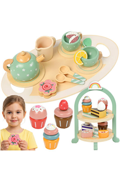 zola Set ceai si suport prajituri din lemn, Montessori, ceainic, cescute, pra...