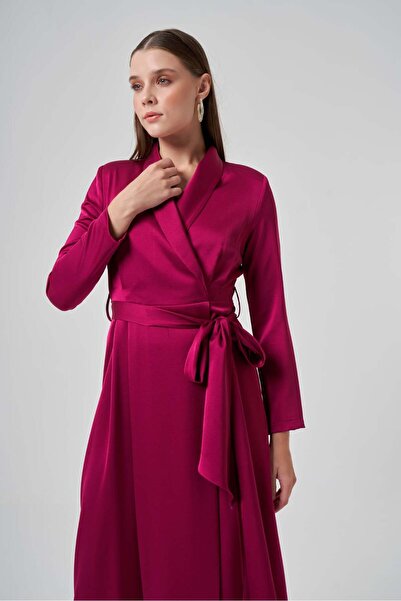 Mimya Saten Kuşaklı Kruvaze Elbise 2183