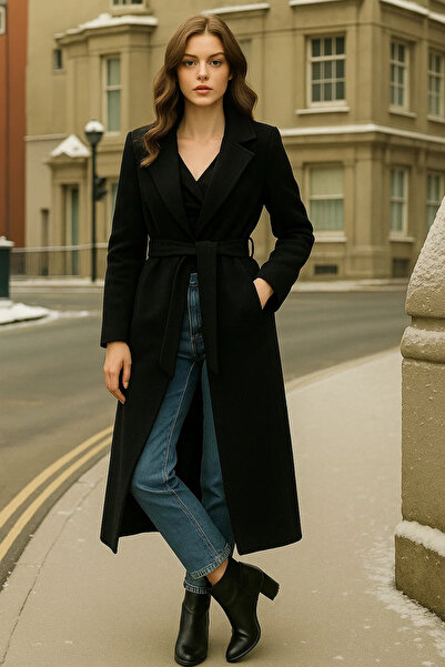 comstar Γυναικείο παλτό Premium Black Cashmere διπλό πέτο