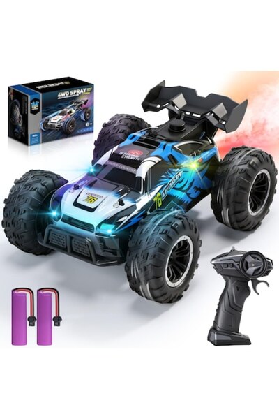 DEERC Mașină RC 4WD 1:16 cu LED, muzică, efect de abur, baterie duală, autono...