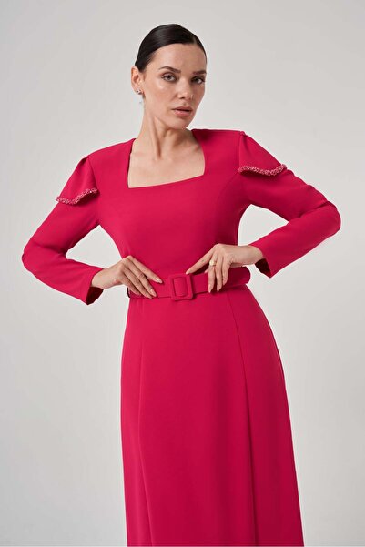 Mimya Kare Yakalı Kemerli Elbise 2227