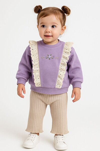Chicsy Baby Kız Bebek Dantelli Çiçek Nakışlı 2’li Sweatshirt ve Ribana Pantol...