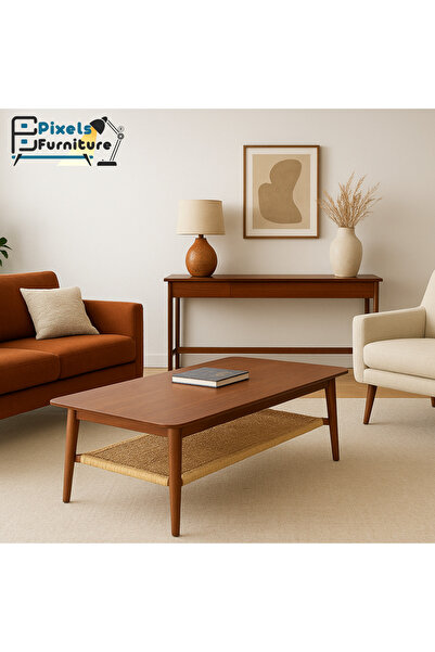 PixelsFurniture Pixel Furniture 2-Tier Coffee Table with Wood Top, Rattan Bottom Shelf and Metal Ends