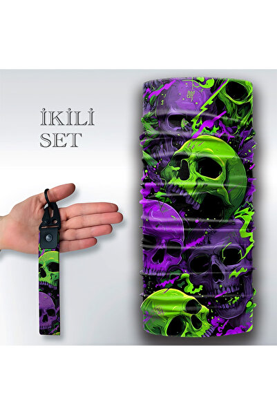 NIFF İkili Set, KURUKAFA Renkli Buff Boyunluk Bandana ve Bez Anahtarlık Hediyelik