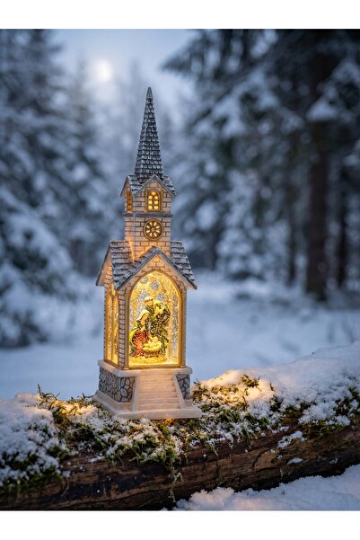 MAXORA SHOP Felinar muzical prespapier Crăciun - Căsuță cu scenă a Nașterii Domnului, 11.5 x 11.5 x 39cm