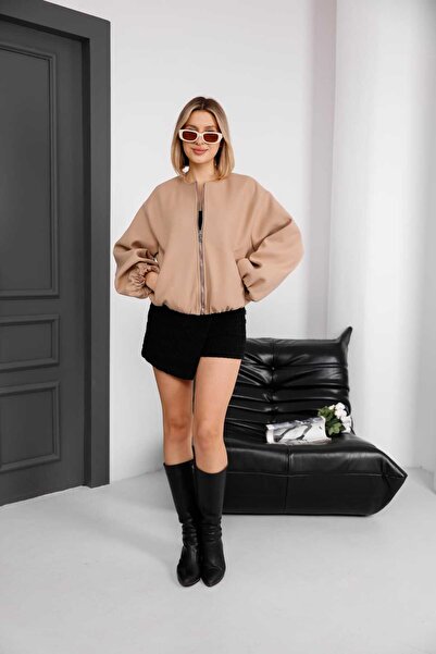 Milamia Women's Balloon Sleeve Zippered Cashmere Biker Short Coat