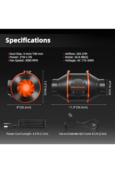 Spider Farmer 100mm Smart Inline Exhaust Fan Kit, Wi‑Fi & App Control