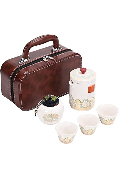 Tazweeq Ceramic Travel Tea Set, Portable Chinese Kung Fu Teapot & Cups (White)