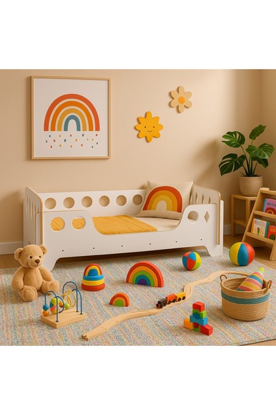 Genel Markalar Beyaz Montessori Karyola 70x140, Beyaz MDF, Ahşap Detaylı Güve...