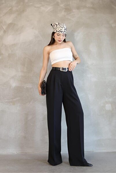 HA-KA GİYİM Women's Palazzo Pleated Pants Imported Doubleface Fabric High Quality Product High Waist with Belt