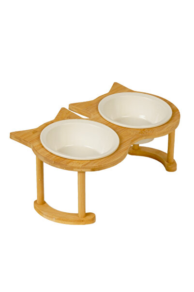 PisiMall Bol dublu pentru pisici, ortopedic, cu suport de lemn, 2x200 ml