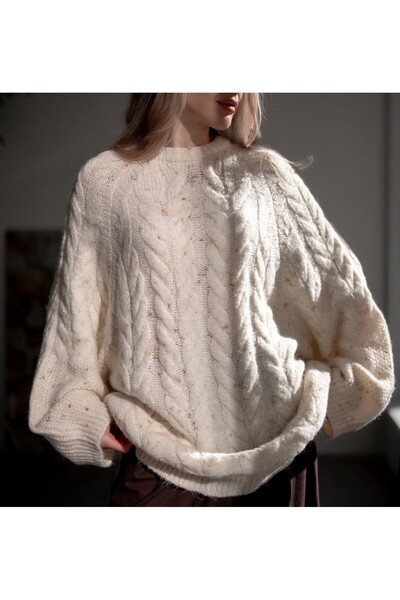 Lavanta Tekstil Hair Braid Pattern Glitter Detailed Oversized Sweater