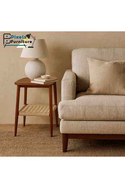 PixelsFurniture Pixel Furniture 2-Tier Square Side Coffee Table with Wood Top, Rattan Bottom Shelf and Metal Ends