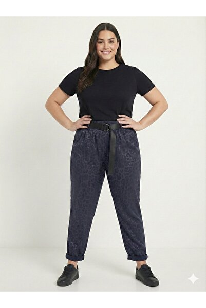 della moor Women's Navy Blue Italian Wide Fit Belted Leopard Print Matte Faux Leather Trousers