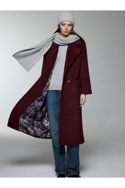 Zühre Women's Double-Breasted Lapel Pocket Detailed Cashmere Plum Coat 13300