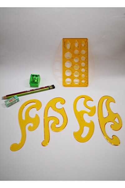 Genel Markalar Pistole Cetvel Seti 4lü Fransız Eğrisi Çizim Seti, Kurşun Kalem, Silgi, 15cm Daire Şablonu (9 Ürün)