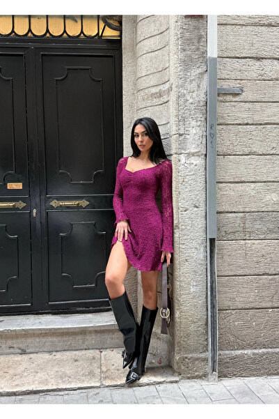 hazelin Γυναικείο μωβ μακρυμάνικο φόρεμα με λεπτομέρεια από δαντέλα με επένδυση HZL25W-FRY123531