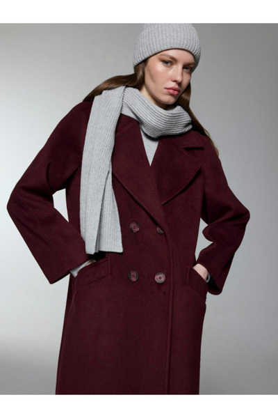 Zühre Women's Double-Breasted Lapel Pocket Detailed Cashmere Plum Coat 13300