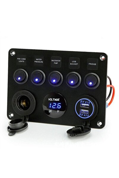 Dgenity Multifunctional car switch panel, 5-switch, 12V-24V, dual USB, LED, Black
