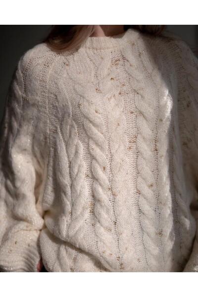 Lavanta Tekstil Hair Braid Pattern Glitter Detailed Oversized Sweater