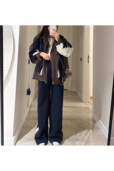 Lavanta Tekstil Navy Blue Brown Hooded Design Double Suit