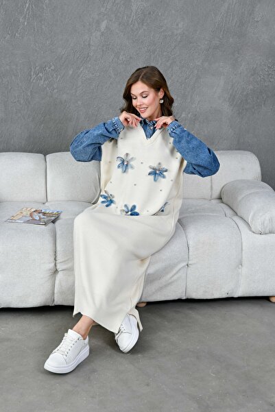 Miss Allos Γυναικεία μανίκια τζιν με λεπτομέρεια μπροστινό τούλι λουλούδι και πέτρα κεντημένο με φαρδιά εφαρμογή μακρύ πλεκτό φόρεμα