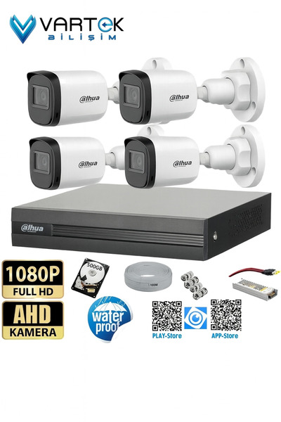 DAHUA 4 Kameralı Full HD 1080P AHD Kayıt Seti + 500GB Hard Disk – İç Dış Mekan Uyumlu