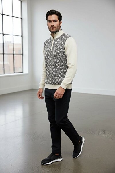 Sarar Interview Half Turtleneck Zippered Geometric Pattern Gray Ecru Knitwear Sweater