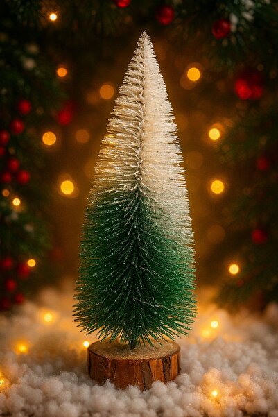 Derin Düşler Christmas Ornament New Year Decoration Led Lighted Desktop Wooden Log Green and White Christmas Pine Tree 24 cm
