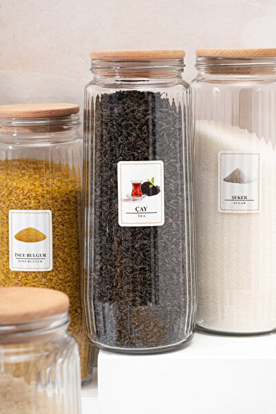 Homekolik Set of 6 Glass Storage Containers with Wooden Lids and Labels – Leakproof 1500 ml Dry Food Jar Set