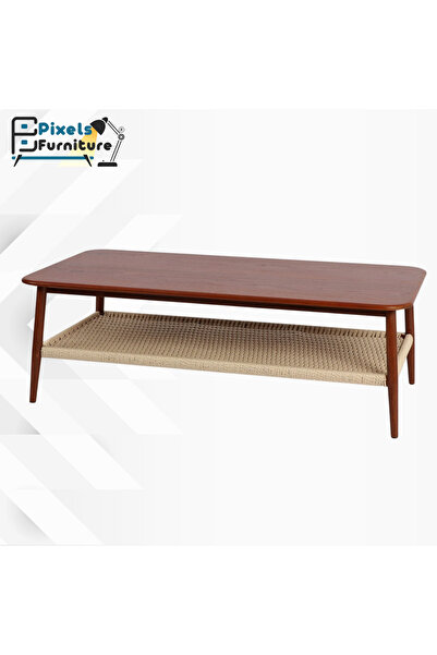 PixelsFurniture Pixel Furniture 2-Tier Coffee Table with Wood Top, Rattan Bottom Shelf and Metal Ends