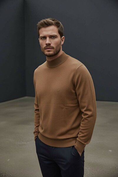 Sarar Interview Half Turtleneck Rayon Tan Knit Sweater