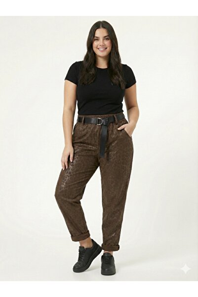 della moor Women's Italian Wide Fit Belted Leopard Print Matte Faux Leather Trousers