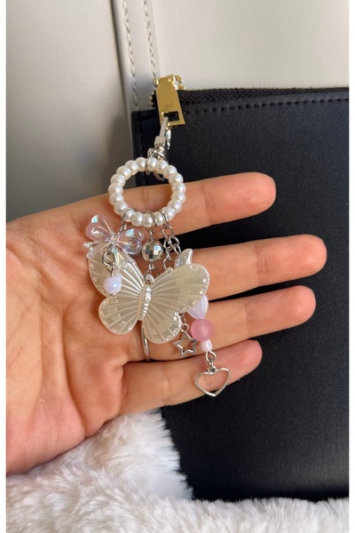 WhimsyWhite Pastel Beaded Butterfly Bag Charm, Handmade Designer Bag Purse Ornament