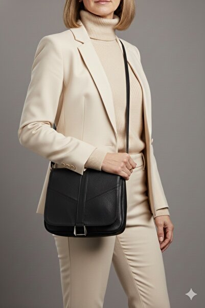 mossi Genuine Leather Black Flap Women's Shoulder & Crossbody Bag – Classic and Stylish Everyday Model