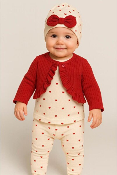 Chicsy Baby Baby Girl Heart Cream Jumpsuit Red Ruffled Cardigan and Bow Beanie 3-Piece Set