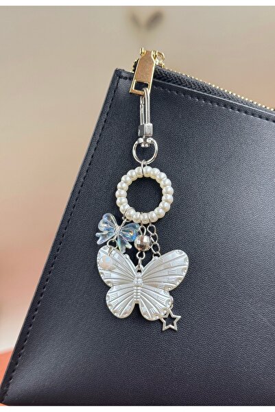 WhimsyWhite White Butterfly Keychain with Pearl Ring, Design Handmade Bag Charm