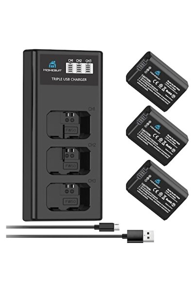 Homesuit Set de 3 baterii NP-FW50 1300mAh + încărcător LCD cu 3 sloturi pentru Sony ZV-E10 și seria Alpha