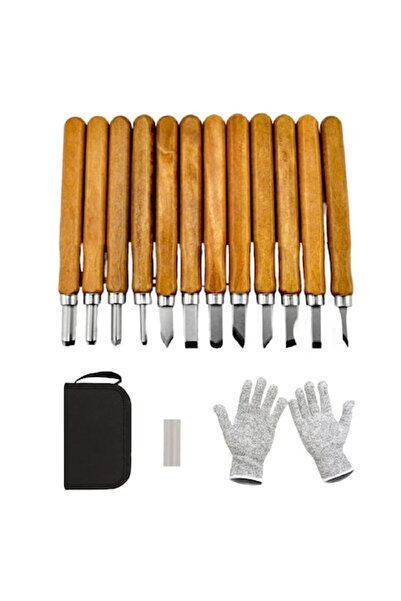 LET Set of 12 carving chisels for wood, wax, clay with case, sharpening stone and gloves