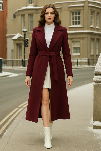 comstar Γυναικείο παλτό Premium Claret Red Cashmere διπλό πέτο