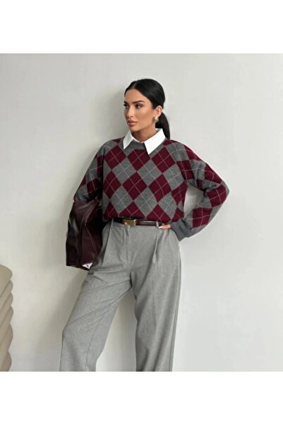 ÖZZYFASHION سترة هالي بقلاوة منقوشة باللون الرمادي العنابي