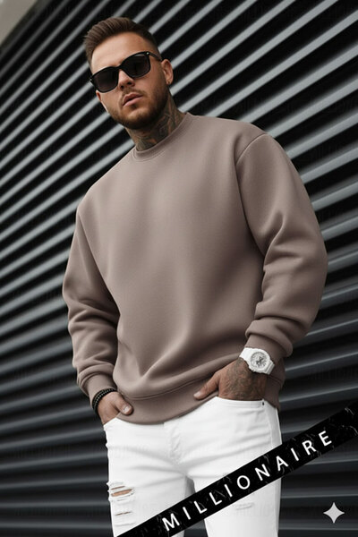 Millionaire Ανδρικό φούτερ ανοιχτό καφέ καπουτσίνο Basic 0 με λαιμόκοψη χωρίς στάμπα, απλό oversized φαρδύ φούτερ με χαλαρή εφαρμογή