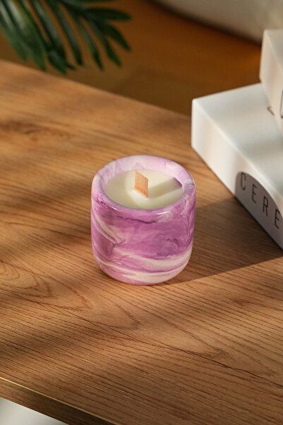 Lavender Veil %100 Soya Wax Odun Fitilli Lila Mermer Desen Dekoratif Mum
